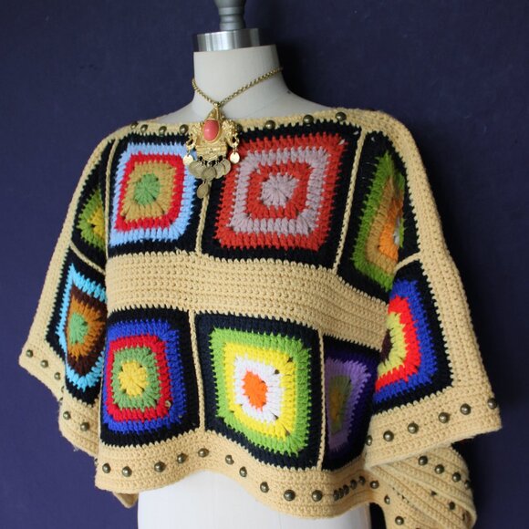 Hand crafted Granny Square Blanket poncho tunic crochet sweater free people - Picture 7 of 10
